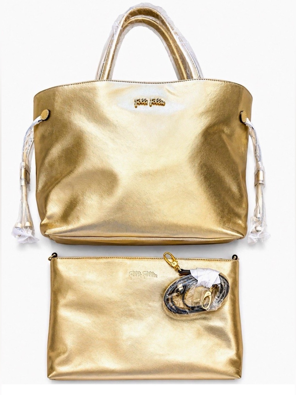 Folli Follie Gold Metallic Tote & Zip Top Crossbody Detachable Strap Dustbag NEW